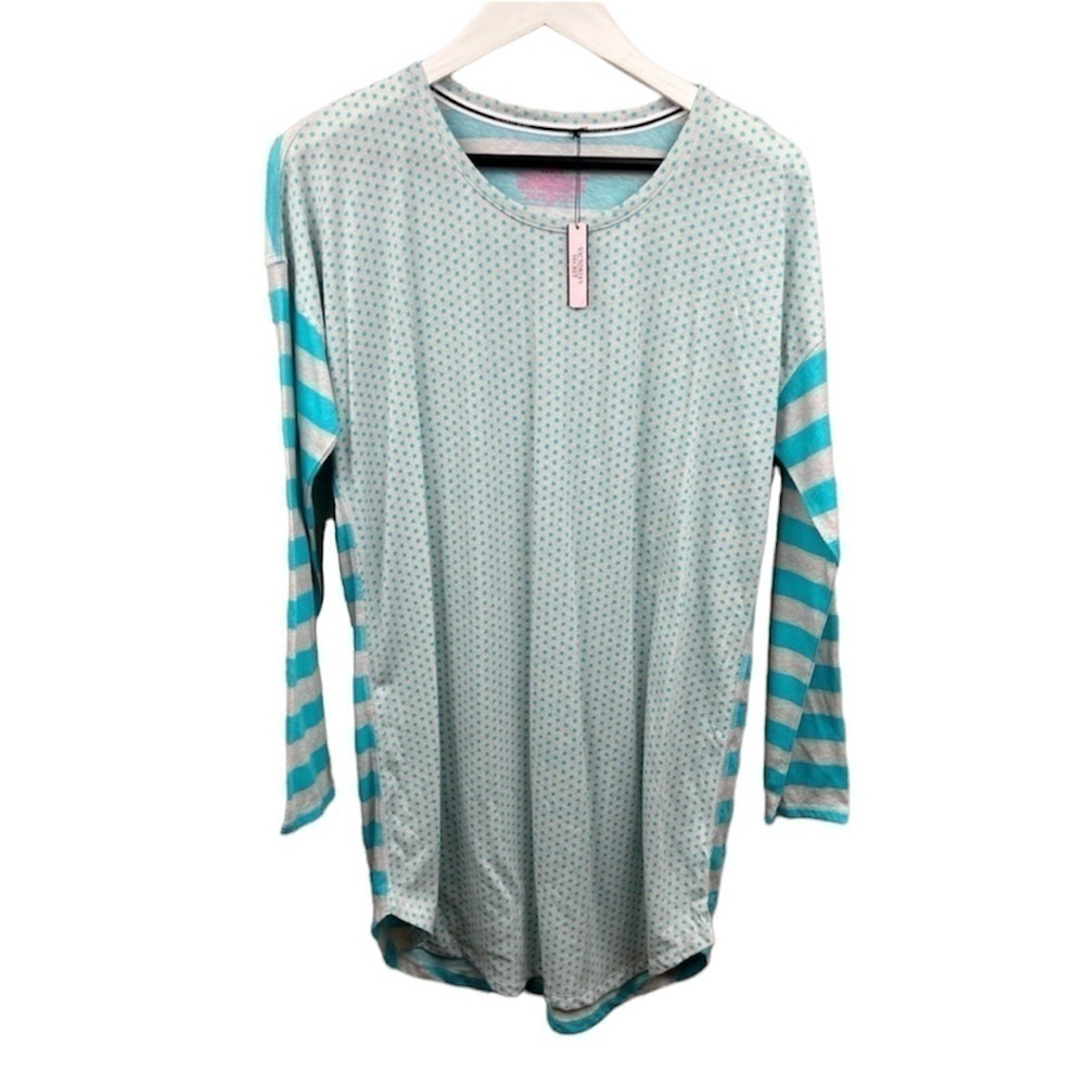 NWT Victoria's Secret Long Sleeve Polka Dot & Stripe Cyan & Grey Sleep Shirt S